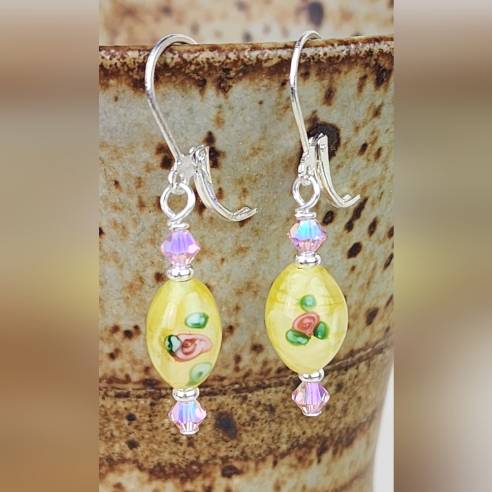 Yellow & Pink‎ Vintage Blown Glass Bead Earrings, Leverback Hooks, Handmade